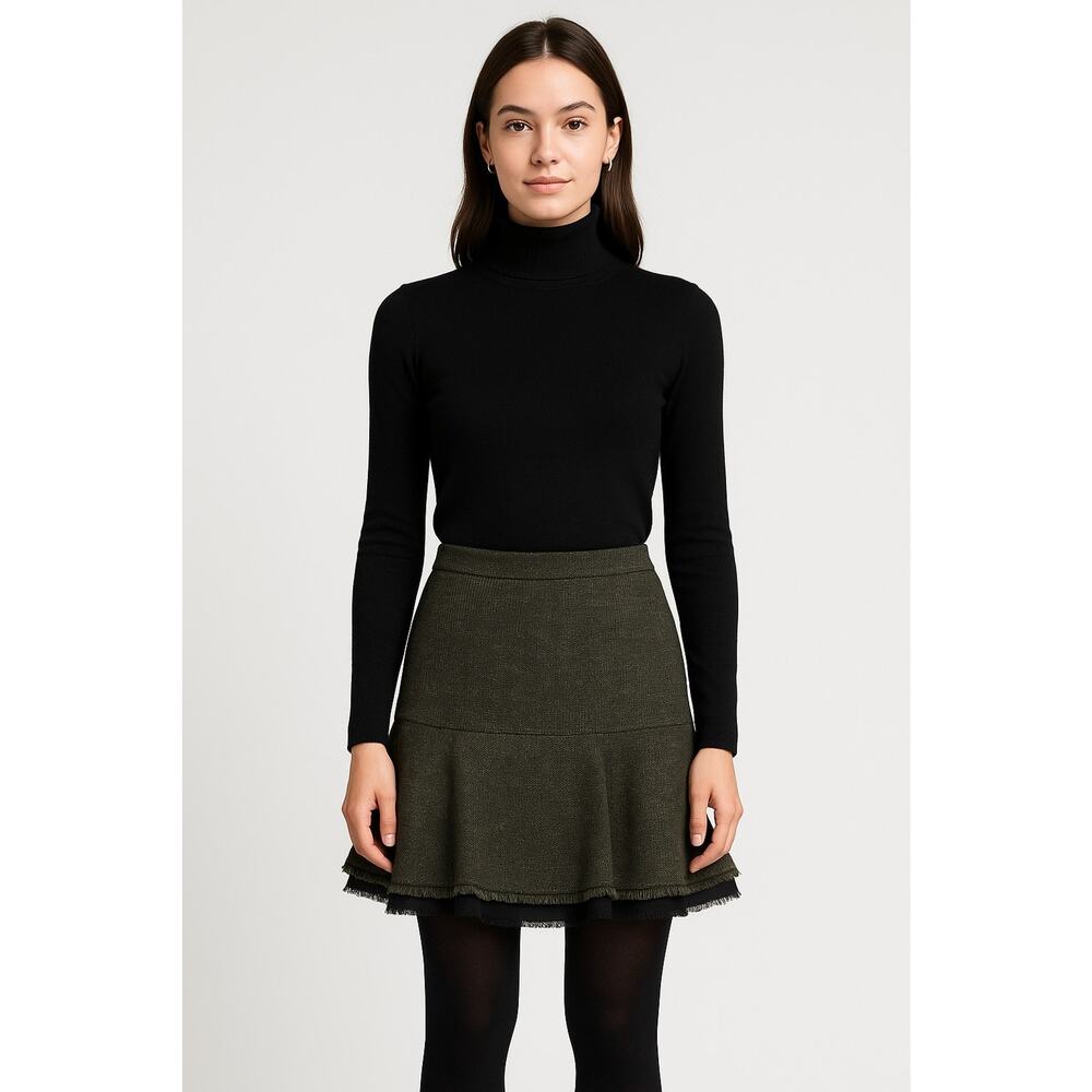 Ann Taylor Olive Tweed Drop Waist Chiffon‎ Layered Preppy Peplum Skirt Size 2